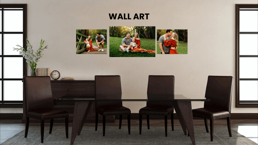 Framed family wall art hanging on a living room wall, showcasing a beautifully captured moment from a photography session.